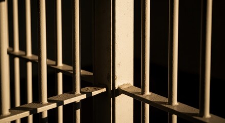 Jail cell bars with dramatic lighting. Imprisonment and confinement concept. Criminal justice system visual. Metaphor for restriction and lack of freedom. Punishment and law enforcement symbol