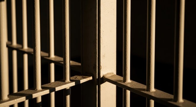 Jail cell bars with dramatic lighting. Imprisonment and confinement concept. Criminal justice system visual. Metaphor for restriction and lack of freedom. Punishment and law enforcement symbol