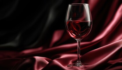 Luxurious Red Wine Glass On Red Silk Over Black Background: Elegant Wine List Design For Romantic Dining In High-End Restaurant. Elegant Close-Up Shot.