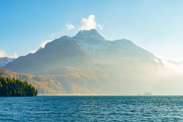 Panorama of atumn lake Sils (Silsersee) in Swiss Alps mountains, Maloja region, Upper Engadine,  Switzerland.