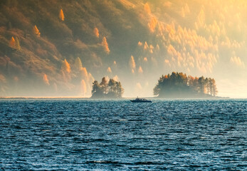 Panorama of atumn lake Sils (Silsersee) in Swiss Alps mountains, Maloja region, Upper Engadine, ...
