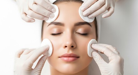 Woman receiving facial treatment with cotton pads by gloved hands face skincare