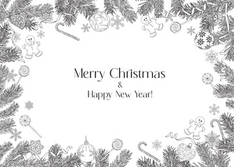 Christmas illustration frame fir branches candies gingerbread snowflakes ribbons. Vintage Line art Vector Background for design greeting card, holiday decor, poster. Hand drawn elements Black white