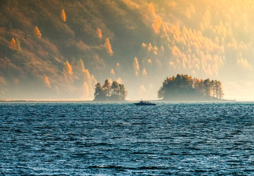 Panorama of atumn lake Sils (Silsersee) in Swiss Alps mountains, Maloja region, Upper Engadine,  Switzerland.
