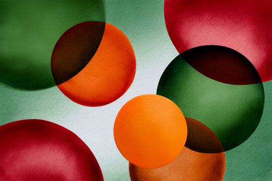 Abstract watercolor illustration featuring colorful overlapping circles in shades of green, red, orange, and yellow, creating a vibrant and dynamic visual composition for artistic use