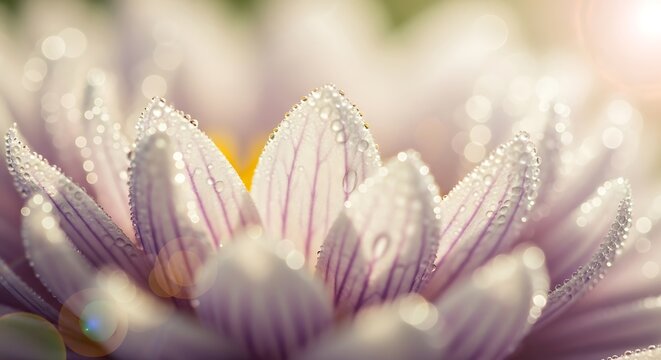 Close up macro shot of delicate pale purple flower petals covered in tiny water droplets with soft bokeh background and lens flare