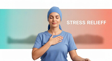 Young woman practicing breathing exercises for stress relief indoors. Concept of healthy lifestyle   