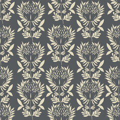 Vintage floral wallpaper with repeating patterns of large flowers and leaves. Earthy tones of brown and green dominate the floral design. Classic vintage style. Vintage art