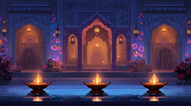 Colorful Night Scene With Glowing Lamps in a Beautiful Courtyard During a Festive Celebration