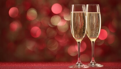 Elegant Toast Flutes On Glittering Red Background. Invitation To Valentine'S Day Dinner And Christmas/New Year Party Celebration. Perfect For Holiday Events.