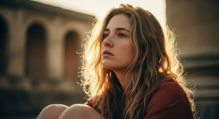 Portrait of a young Caucasian woman in deep thought. Golden hour sunlight highlighting her hair. Concept of mindfulness and self reflection. Personal journey and future planning