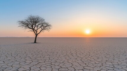 A solitary tree stands against a vibrant sunset over cracked earth, embodying resilience in a desolate landscape.