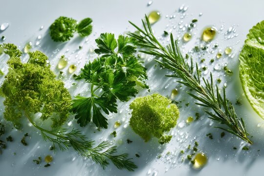 Fresh culinary herbs, water droplets, and olive oil on a white background.