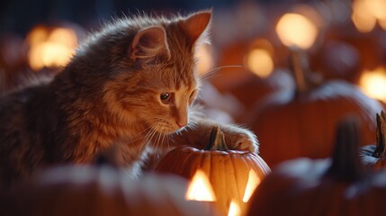 curious orange tabby cat playfully batting at a small, carved jack-o'-lantern in a moonlit pumpkin patch