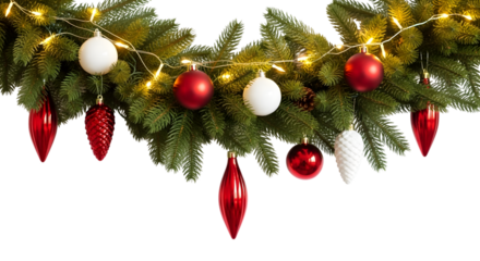 Festive christmas tree branch with red and white ornaments and lights isolated on transparent background