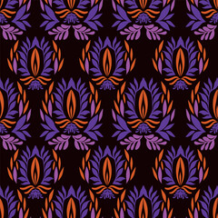 Vintage floral wallpaper with repeating patterns of large flowers and leaves. Earthy tones of brown and green dominate the floral design. Classic vintage style. Vintage art