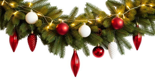 Festive christmas tree branch with red and white ornaments and lights isolated on transparent background