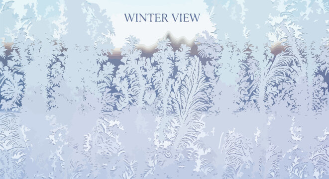 Intricate frost patterns adorn a window pane creating a beautiful winter scene