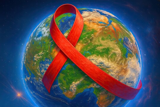 3D illustration of Earth wrapped in a red ribbon symbolizing global unity and compassion for World AIDS Day awareness.