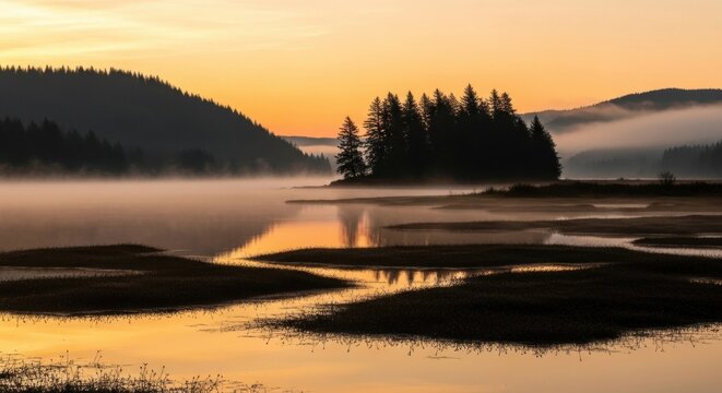Golden sunrise over a misty mountain lake. Serene water reflection with pine tree silhouettes. Natural wilderness for ecotourism and adventure travel. Peaceful outdoor escape for mindfulness - Powered by Adobe