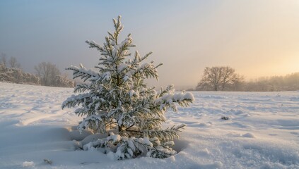 Winters Quiet Embrace. A SnowCovered Sapling Bathed in the Soft Light of Dawn.