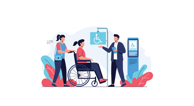 Inclusive scene showing a woman pushing another woman in a wheelchair, talking to a man near a disability access sign and information kiosk.