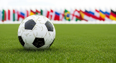 Soccer ball on lush green grass field with diverse national flags in background representing global competition