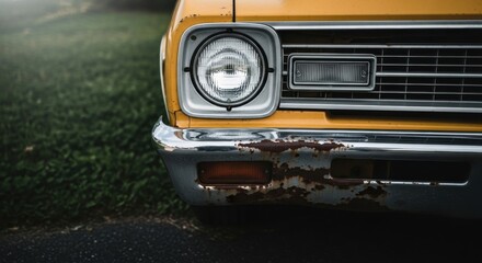Fototapeta premium Classic yellow automobile front detail. Rusted chrome bumper and vintage headlamp. Retro vehicle aesthetic for nostalgia marketing. Automotive restoration and classic car culture concept