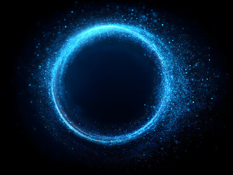 Blue glowing circle with energy dust and spark particles, futuristic abstract light form. Abstract background with space, stars