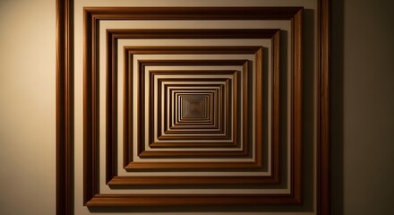 Infinite wooden frames creating a geometric tunnel effect, a surreal optical illusion