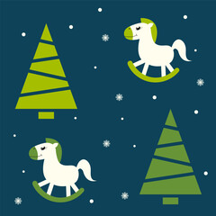 Seamless New Year's pattern with a horse and a Christmas tree, vector illustration