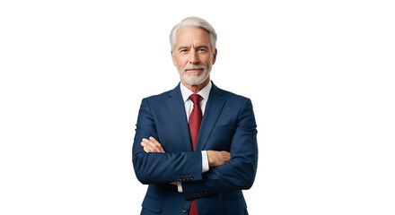 A confident and experienced businessman with gray hair and a beard wearing a sharp blue suit and a red tie stands with his arms crossed against a black background in a professional pose