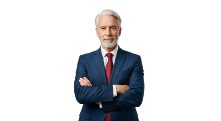 A confident and experienced businessman with gray hair and a beard wearing a sharp blue suit and a red tie stands with his arms crossed against a black background in a professional pose