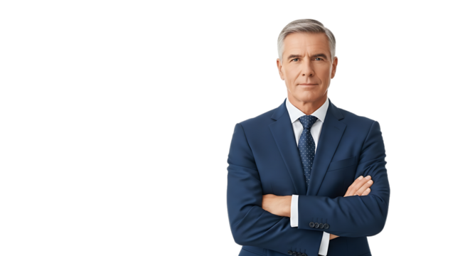 Professional Senior Businessman Standing Confidently with Arms Crossed in a Modern Dark Blue Suit Isolated on a White Background