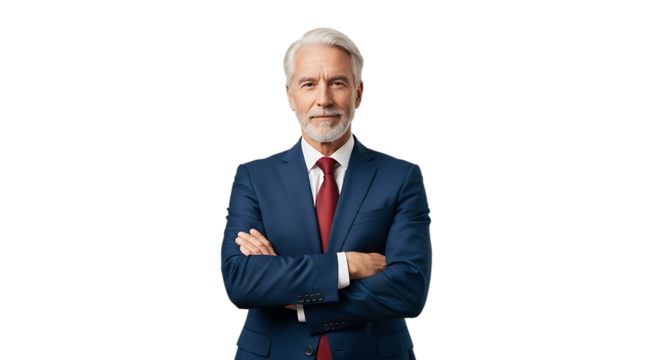 A confident and experienced businessman with gray hair and a beard wearing a sharp blue suit and a red tie stands with his arms crossed against a black background in a professional pose