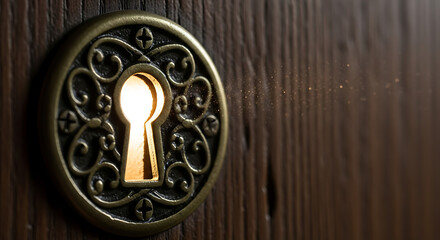 Ornate vintage keyhole on a dark wooden door with light glowing from within and dust particles floating in the air signifying mystery and discovery opportunities