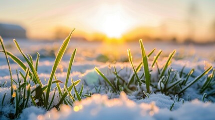 Close-up of green grass peeking through snow with a bright sunrise in the background. The scene captures the beauty of winter and the resilience of nature.