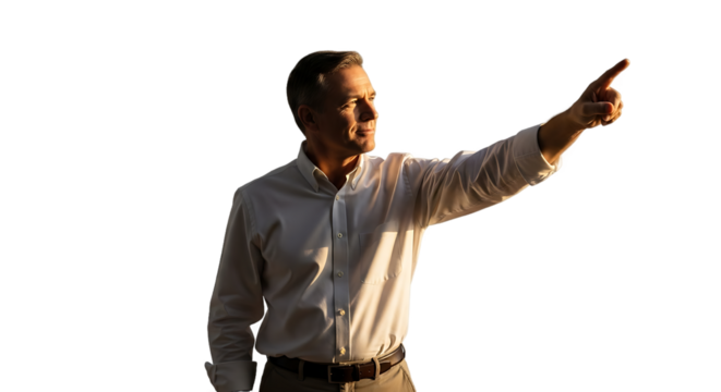 A middle-aged businessman in a white shirt points with his index finger while looking to his left illuminated by warm sunlight on an isolated black background business PNG