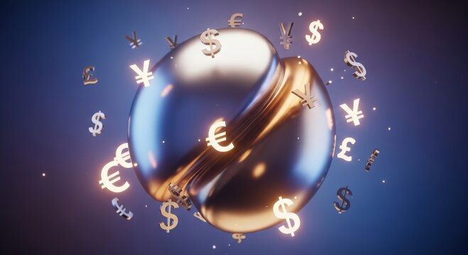 Opulent gold planet featuring rotating monetary symbols and sophisticated gilded accents