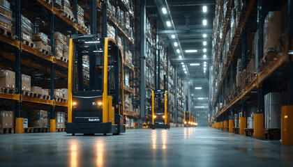 Logistics, Automation, Robotics, Warehouse. High-tech automated warehouse with robotic vehicles transporting crates and smart storage racks, representing modern logistics, supply chain automation