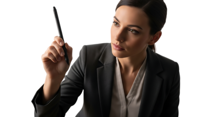 Confident young businesswoman wearing a formal suit, soft studio lighting, Isolated Background, Png