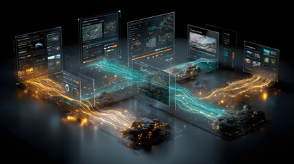 Modern digital auction platform interface displaying tokenized real estate assets blockchain transaction flows visualized as glowing data streams virtual reality headset showing