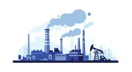Obraz premium Industrial factory landscape with smoking chimneys and an oil pump jack, illustrating topics of manufacturing, pollution, and the energy industry.