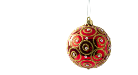 Ornate red oval christmas ornament with gold swirls isolated on transparent background