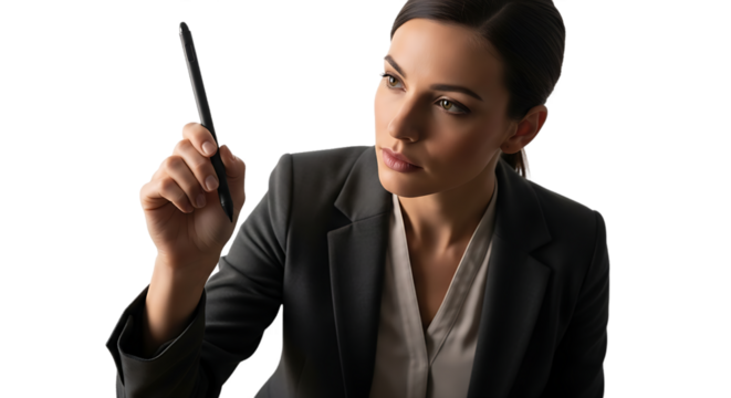 Confident young businesswoman wearing a formal suit, soft studio lighting, Isolated Background, Png