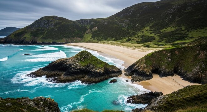 Dramatic coastal landscape with a secluded sandy beach. Vibrant turquoise ocean waves on a rugged shoreline. Green mossy hills and rocky cliffs. Wild nature for travel and tourism concepts