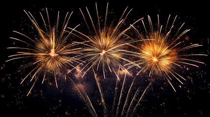 Golden fireworks burst in dark sky, elegant festive celebration with radiant sparkling trails. Fireworks in the night sky