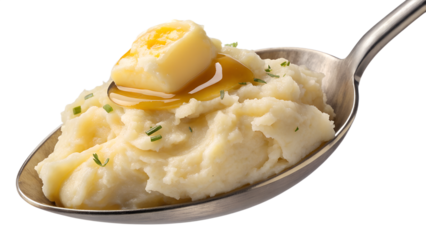 Scoop of mashed potatoes with butter melt on top, isolated on transparent background, creamy soft tone.