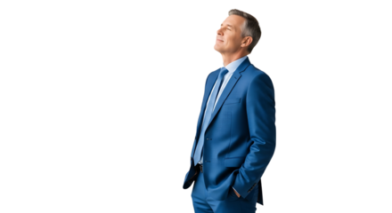 Portrait of a Confident Businessman in a Blue Suit with Hands in Pockets Looking Upwards with Eyes Closed