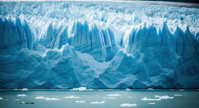 Expansive glacial ice field with deep blue crevasses. Icebergs floating in cold arctic water. Natural wonder for travel and tourism. Environmental conservation and climate change concept